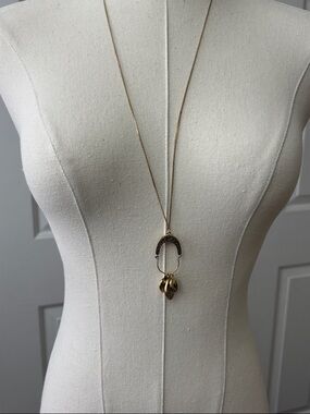 1928 Vintage Gold-Tone Long Necklace with Textured Hoop and Triple Drop Charms